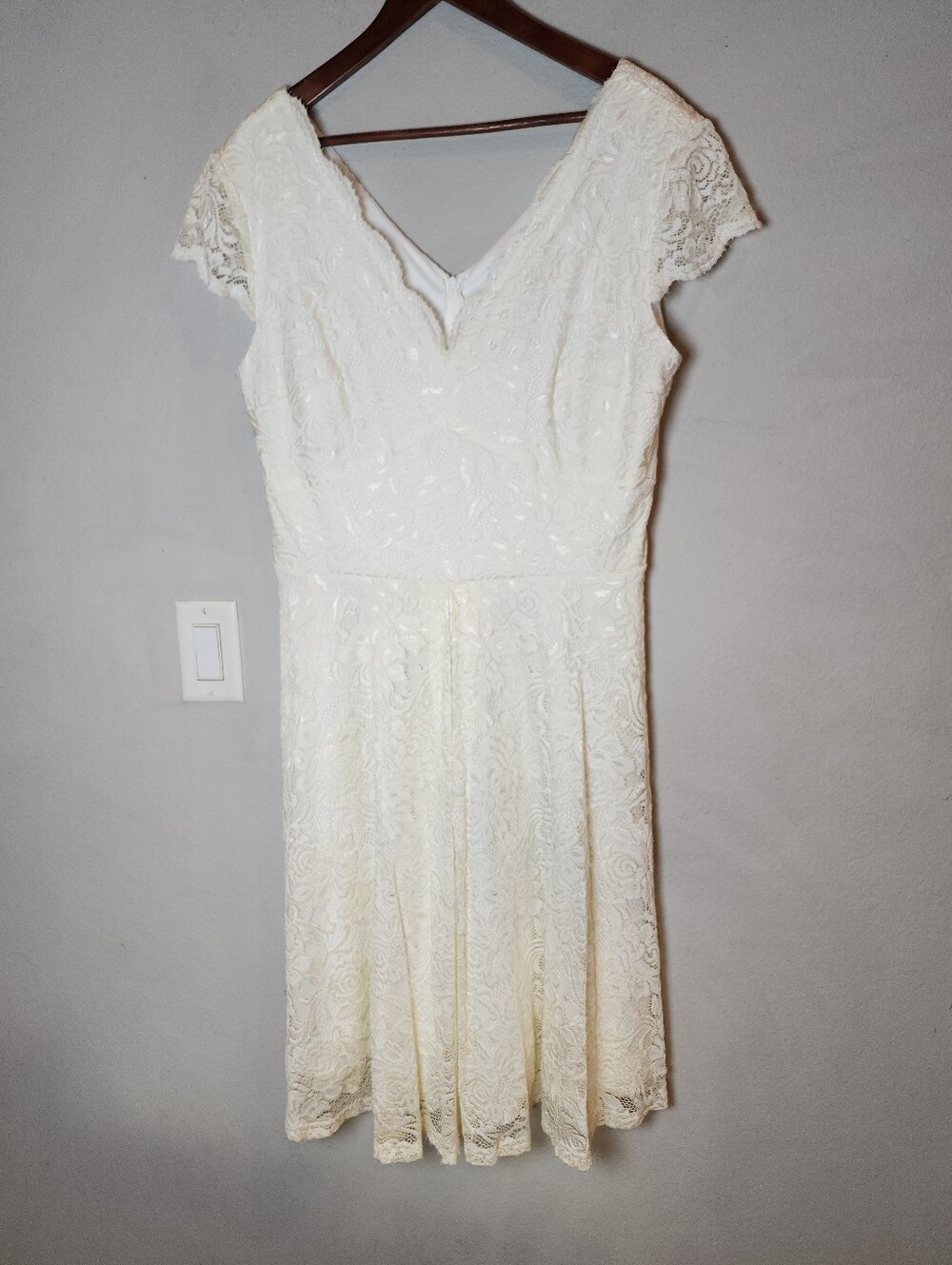 Ivory Stretch Lace Fit And Flare Dress Cap Sleeve Knee Length